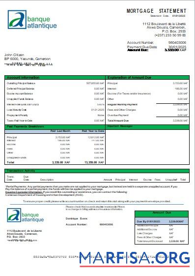 Printable Cameroon Atlantic bank mortgage statement scr example